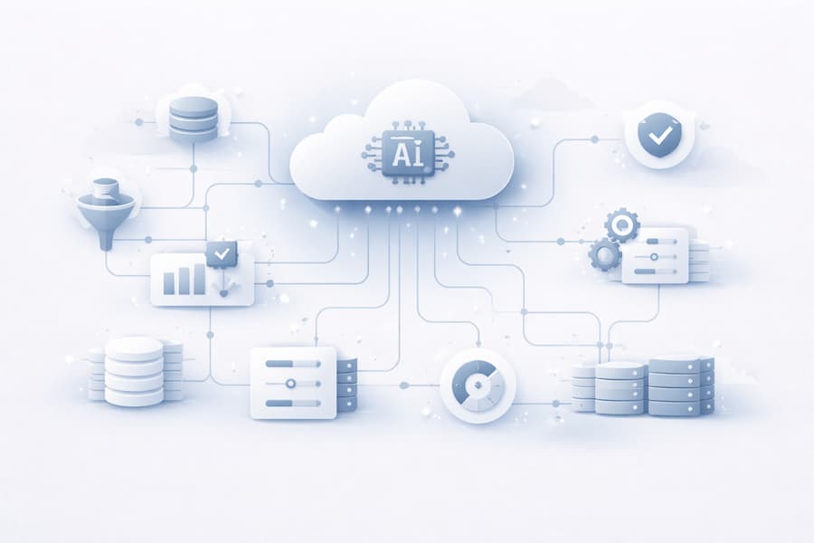 Azure AI and intelligent automation illustration combining cloud, AI search, and workflow automation